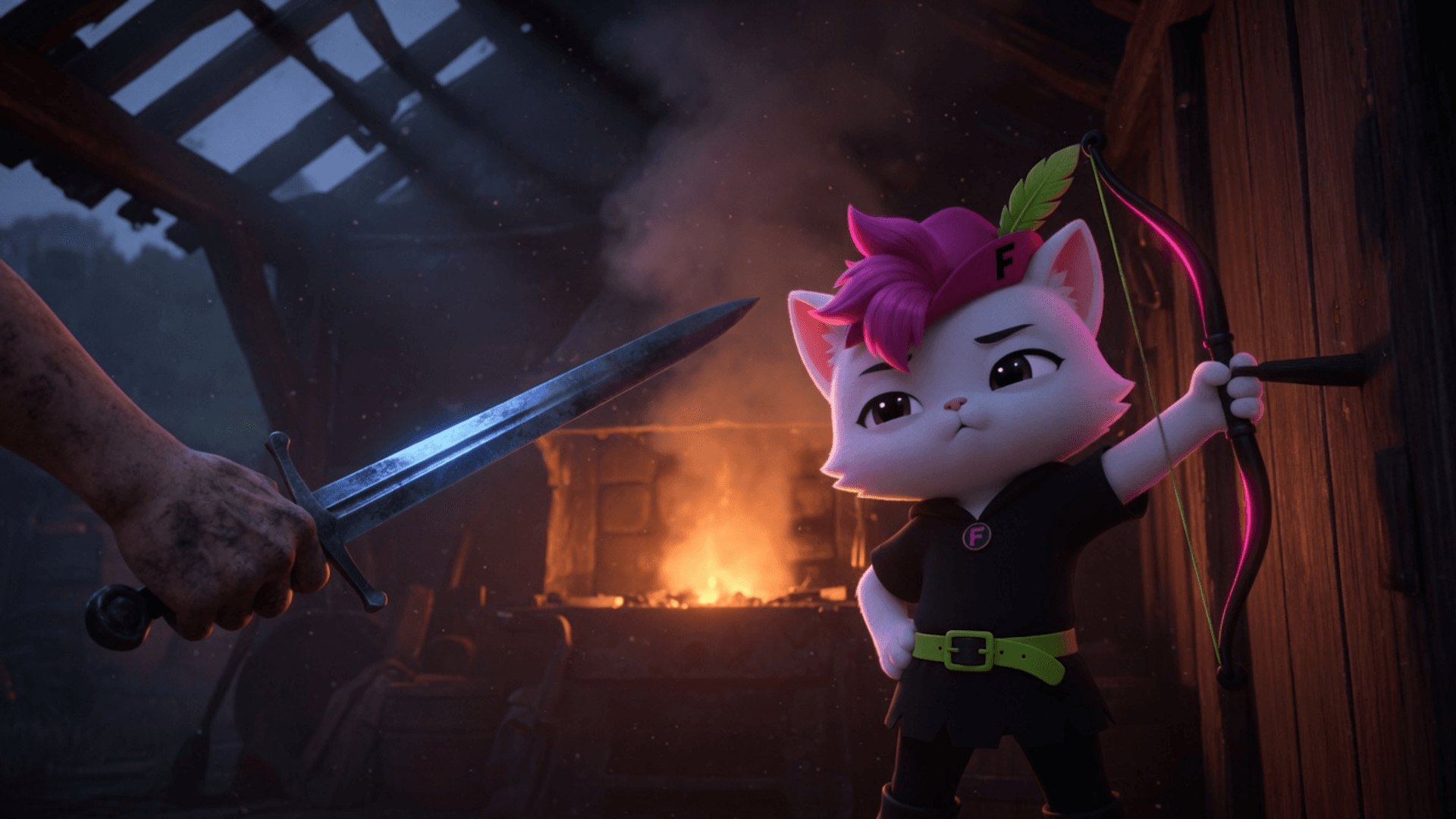 Puss in Boots carries a blade.
This one brought a bow.